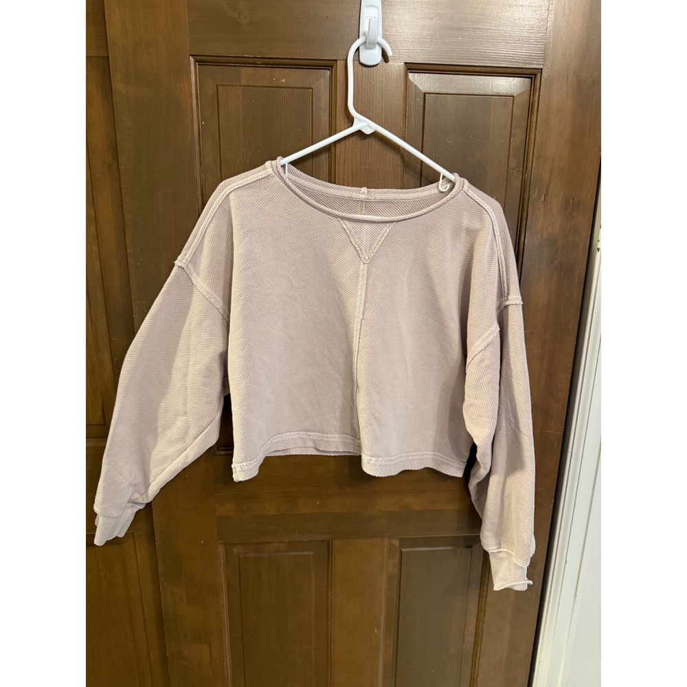 Aerie Women Beige Cropped Waffle Knit Seam Detail Sweatshirt Size S